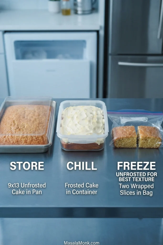 Three pineapple cake storage methods showing a covered unfrosted cake, refrigerated frosted cake and wrapped unfrosted pieces for freezing.