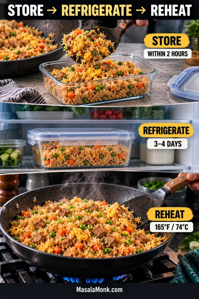 Three-stage pork fried rice storage guide: refrigerate within 2 hours, use within 3–4 days, and reheat to 165°F / 74°C.