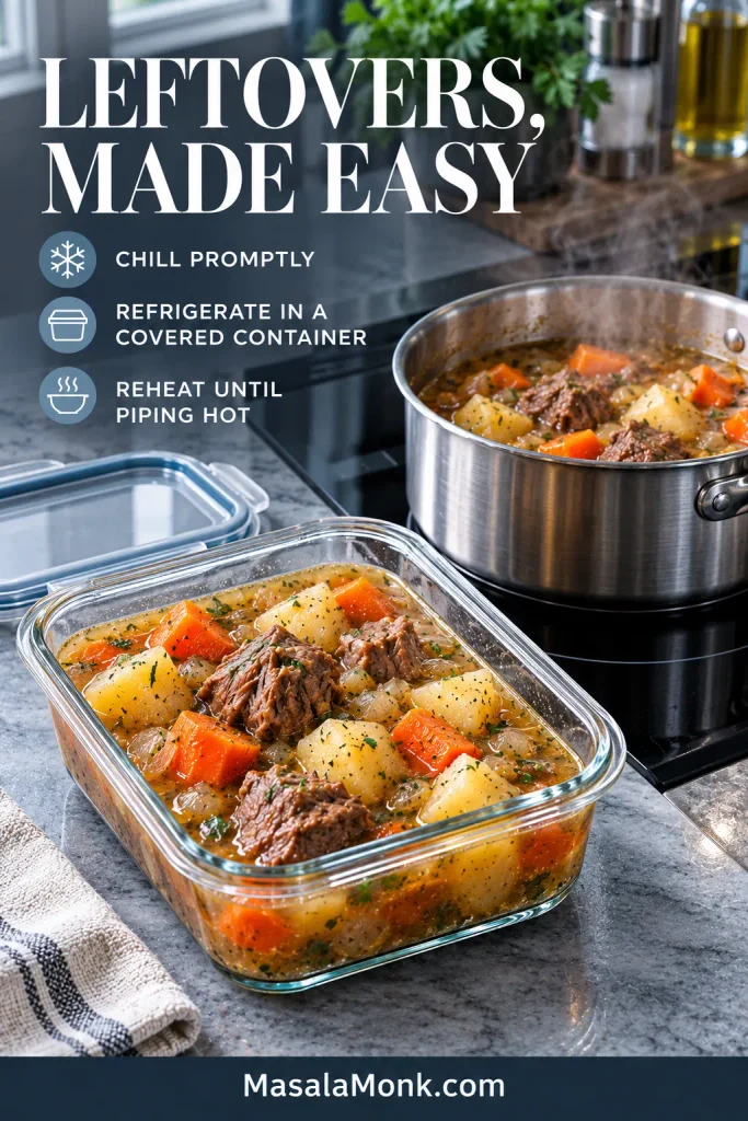 Irish stew in a shallow glass storage container beside a saucepan, illustrating refrigerated leftovers and reheating.