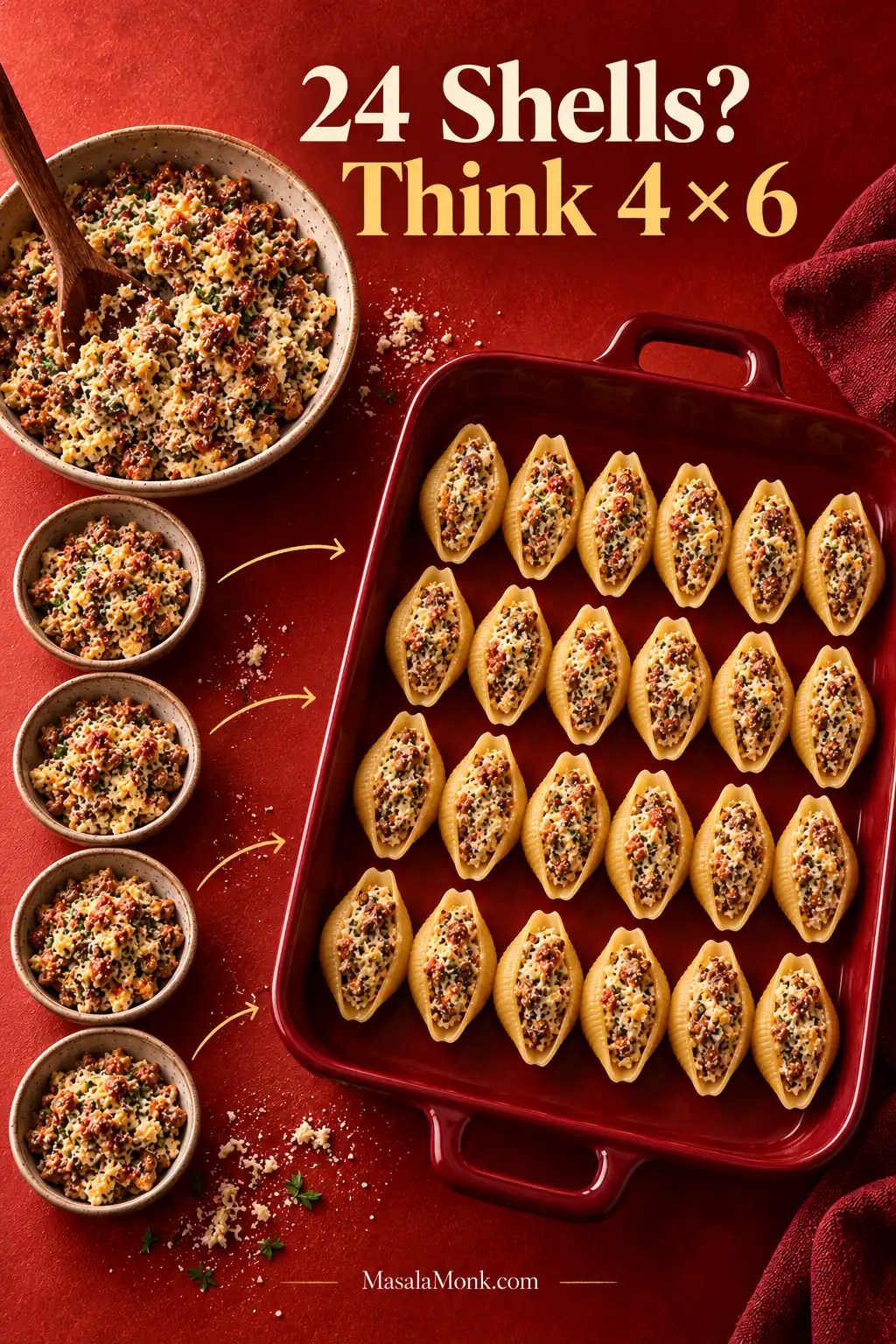 Overhead arrangement of stuffed jumbo pasta shells and divided filling portions illustrating a four-by-six filling method.