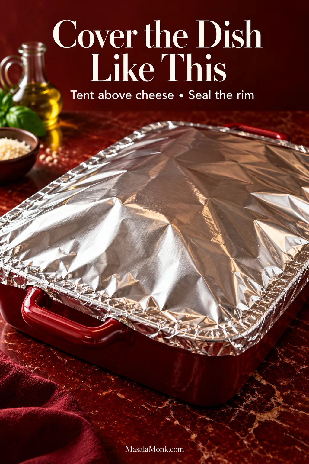 Oxblood baking dish completely covered with aluminum foil sealed around the rim and raised slightly through the center to form a tent.