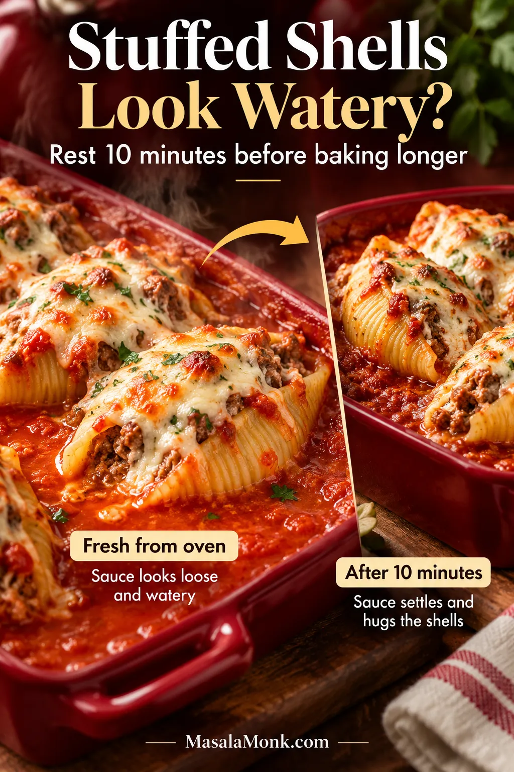 Before-and-after comparison of freshly baked stuffed shells in loose marinara and rested shells with thicker sauce settling around the pasta.