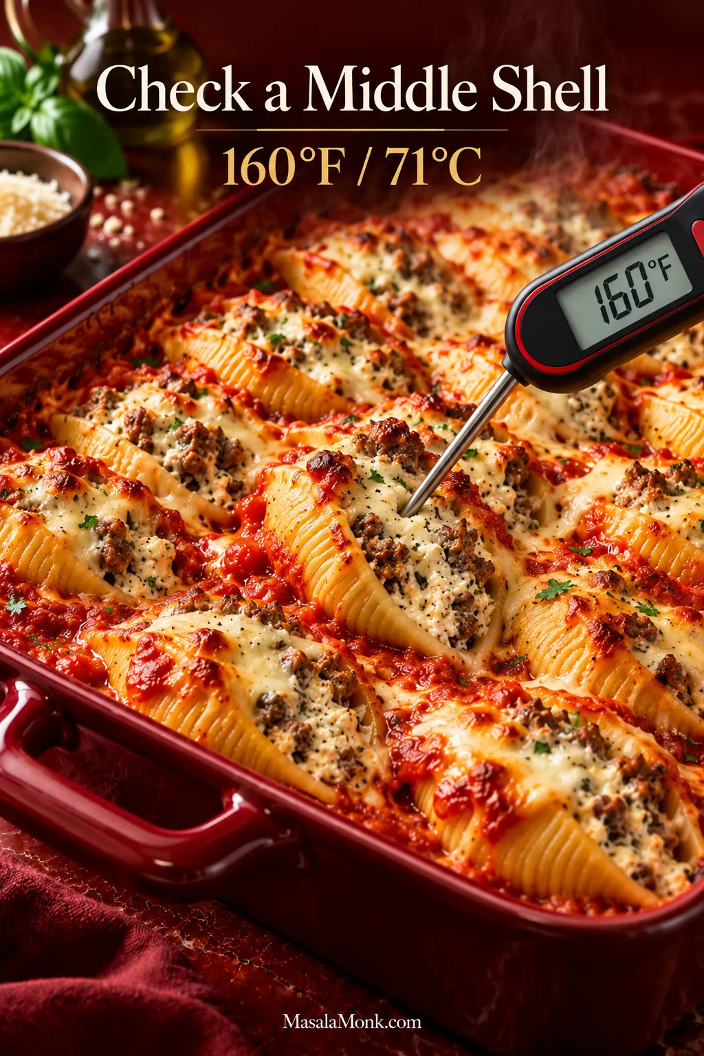 Instant-read thermometer inserted into the filling of a stuffed shell near the center of a baked casserole, displaying 160 degrees Fahrenheit.