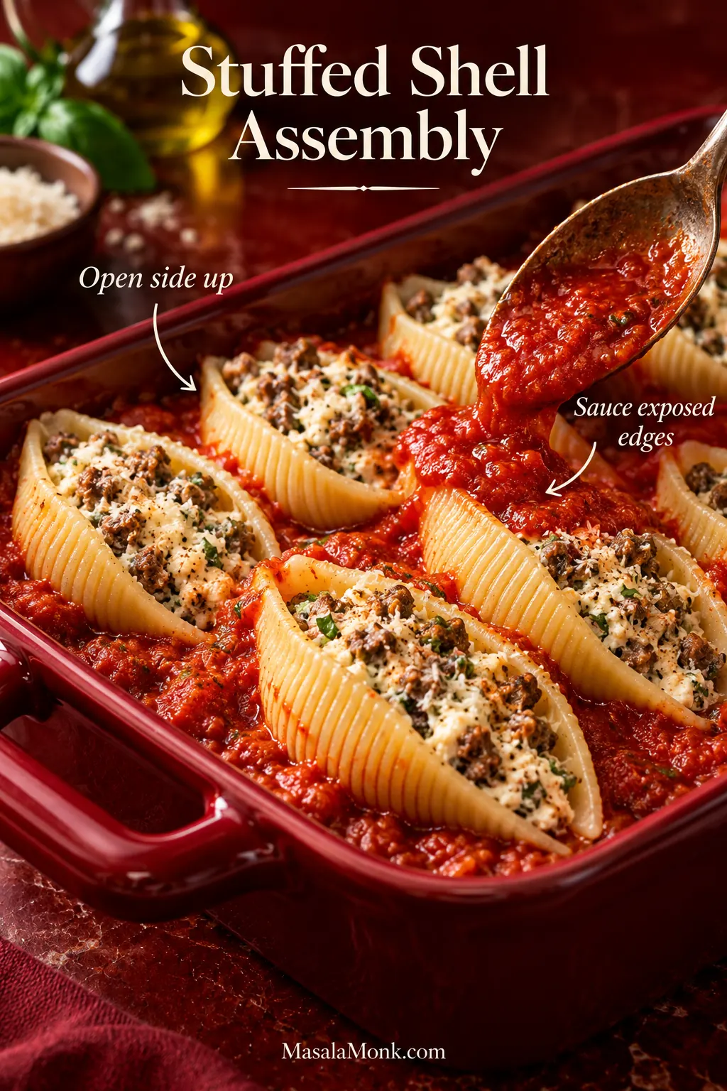 Stuffed jumbo shells arranged open side up in red marinara while a spoon adds sauce over an exposed pasta edge.