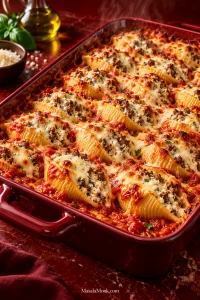 Deep red baking dish filled with jumbo pasta shells stuffed with ricotta and browned ground beef, surrounded by marinara and topped with melted mozzarella.