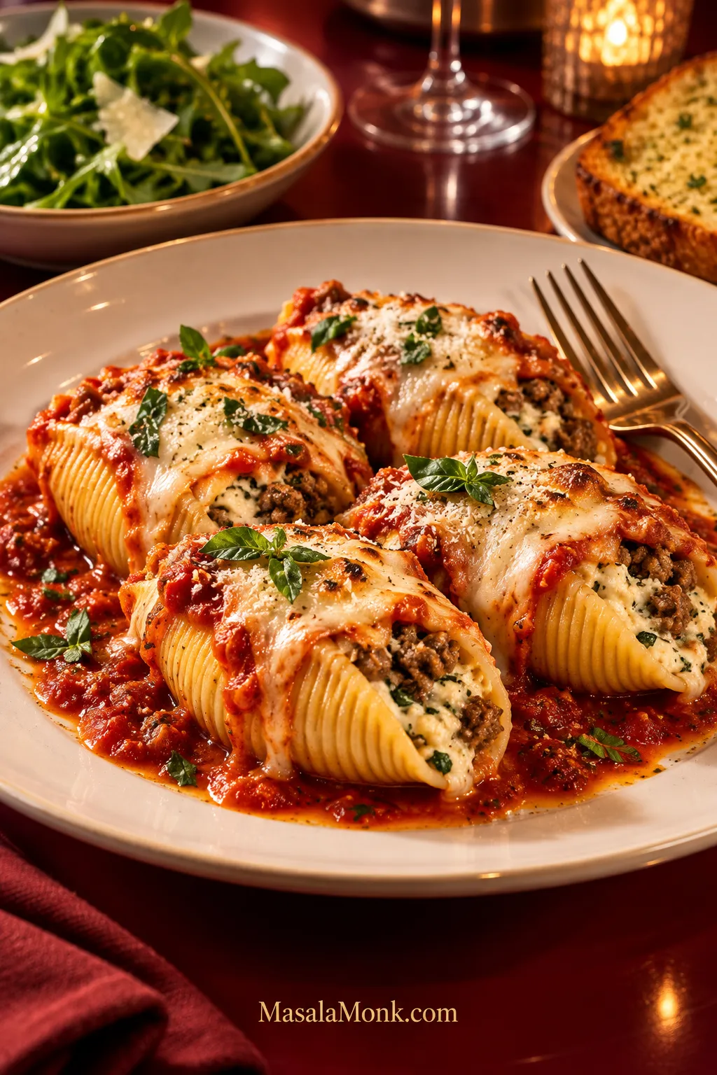 Plate of four beef-and-ricotta stuffed pasta shells with marinara and melted mozzarella, served beside green salad and garlic bread.