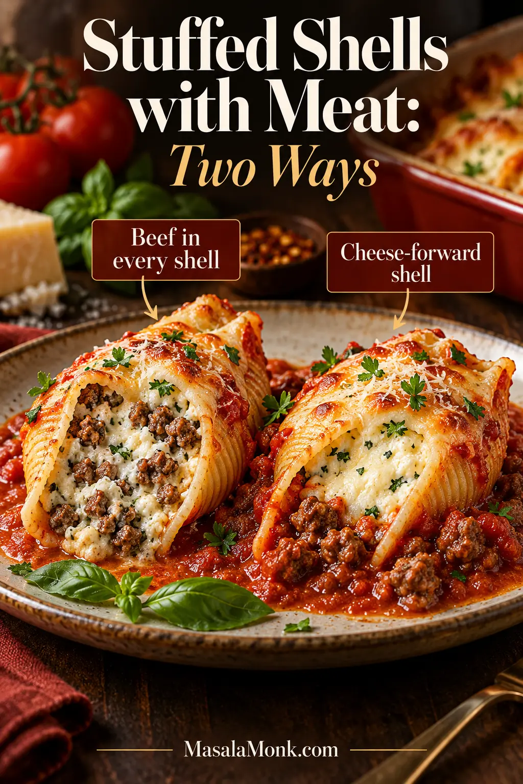 Two stuffed shells compared side by side, one with browned beef mixed into the ricotta filling and one with cheese filling surrounded by meaty marinara.