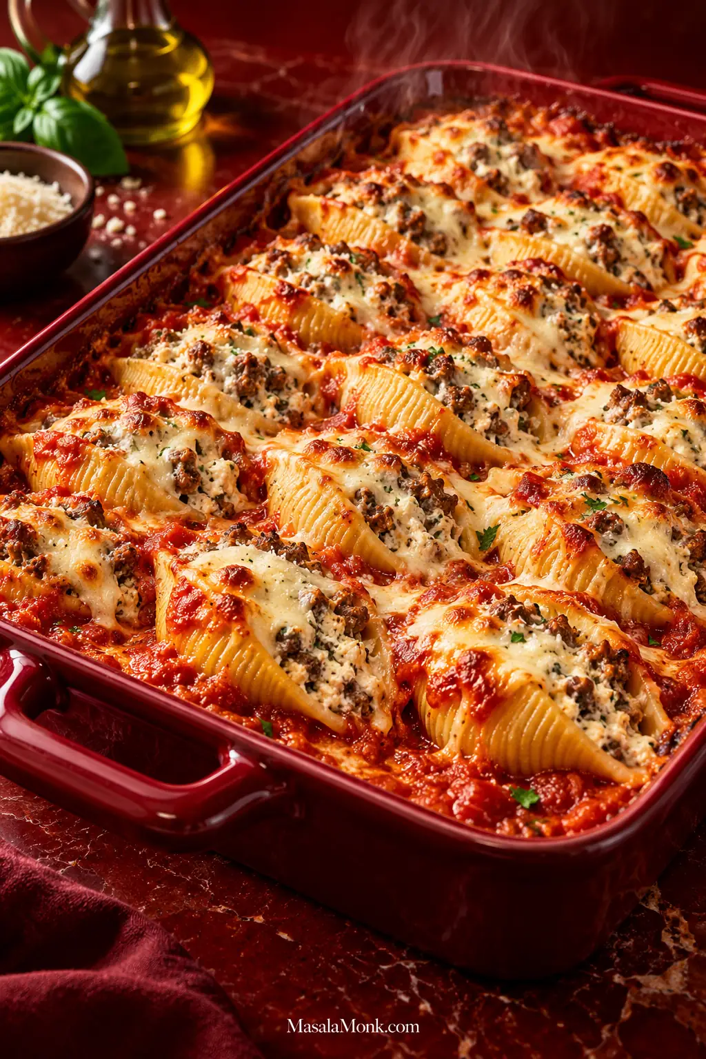 Deep red baking dish filled with jumbo pasta shells stuffed with ricotta and browned ground beef, surrounded by marinara and topped with melted mozzarella.
