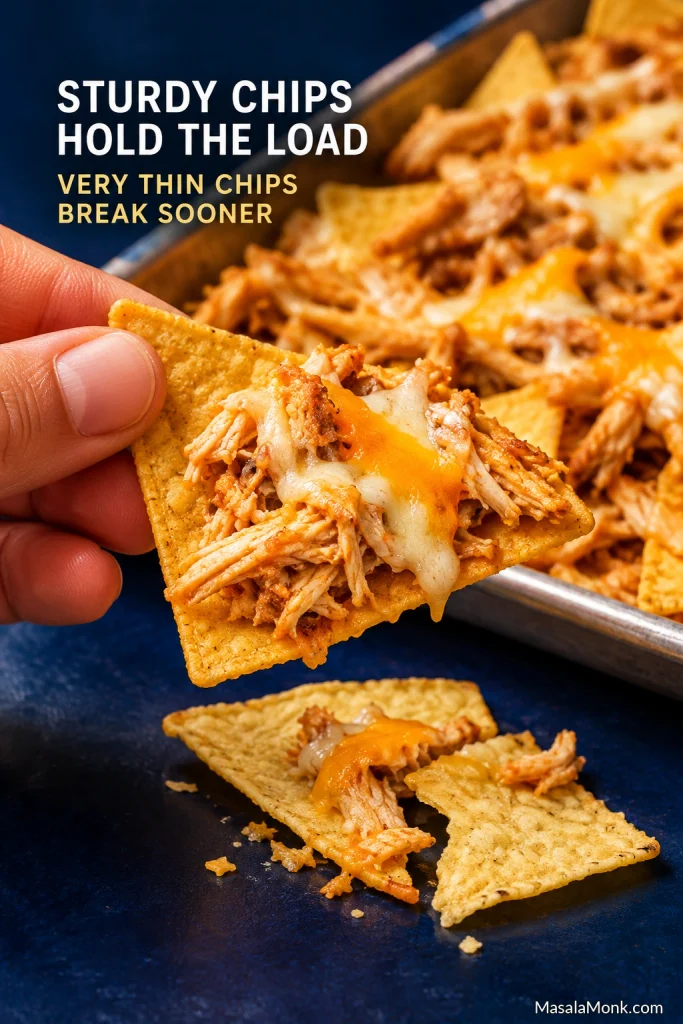 Hand holding an intact loaded tortilla chip above a thinner tortilla chip that has cracked under a similar chicken-and-cheese topping.