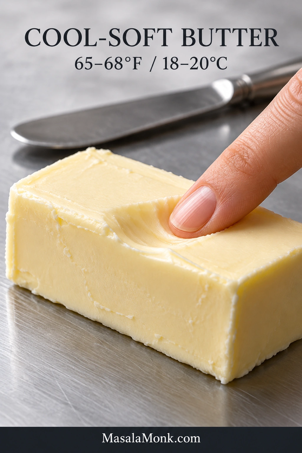 A fingertip presses a shallow dent into a matte block of butter beside text showing 65–68°F / 18–20°C.