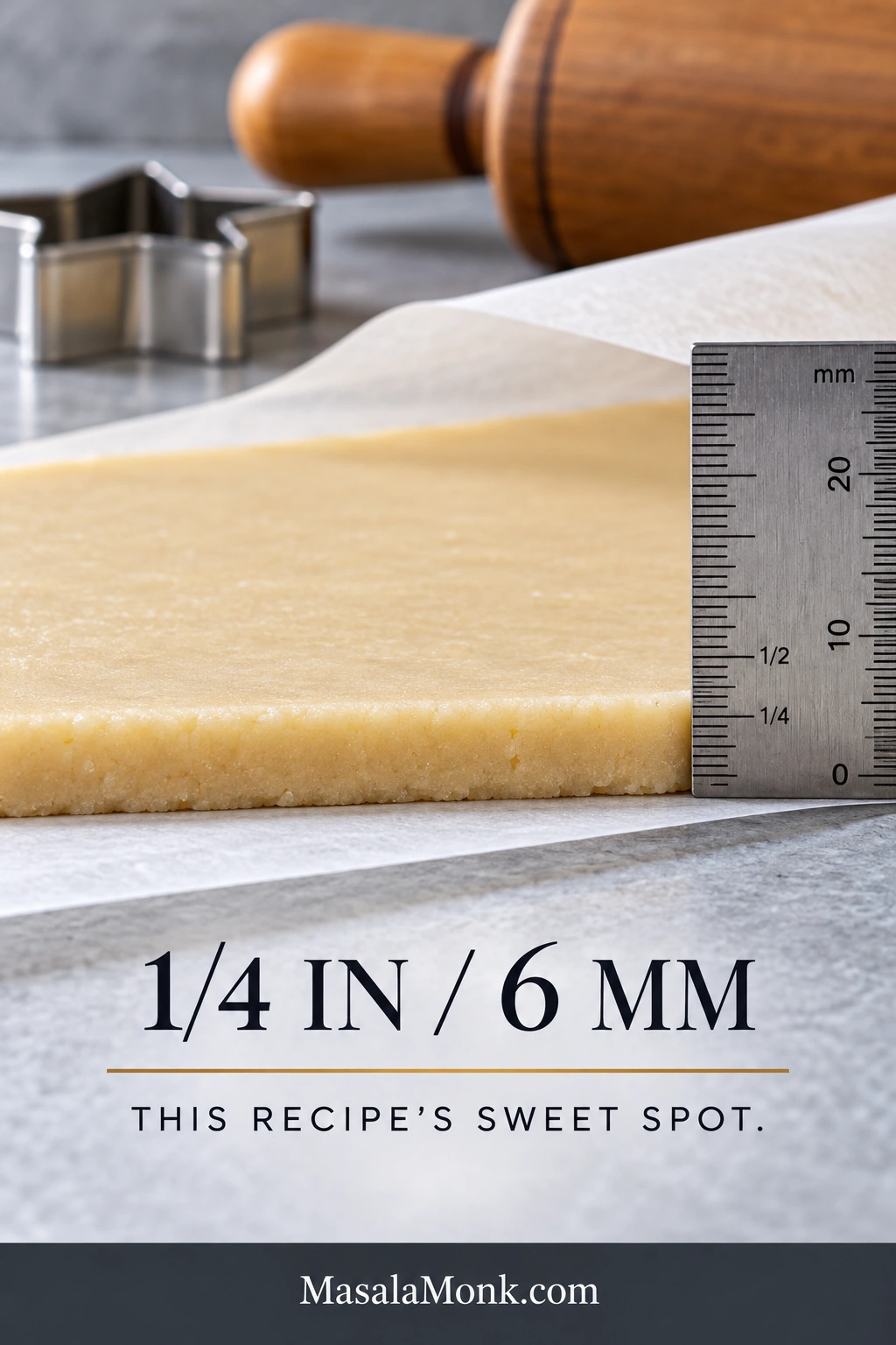 Rolled sugar cookie dough beside a stainless ruler showing about ¼ inch or 6mm thickness, with parchment, a rolling pin and cookie cutter nearby.