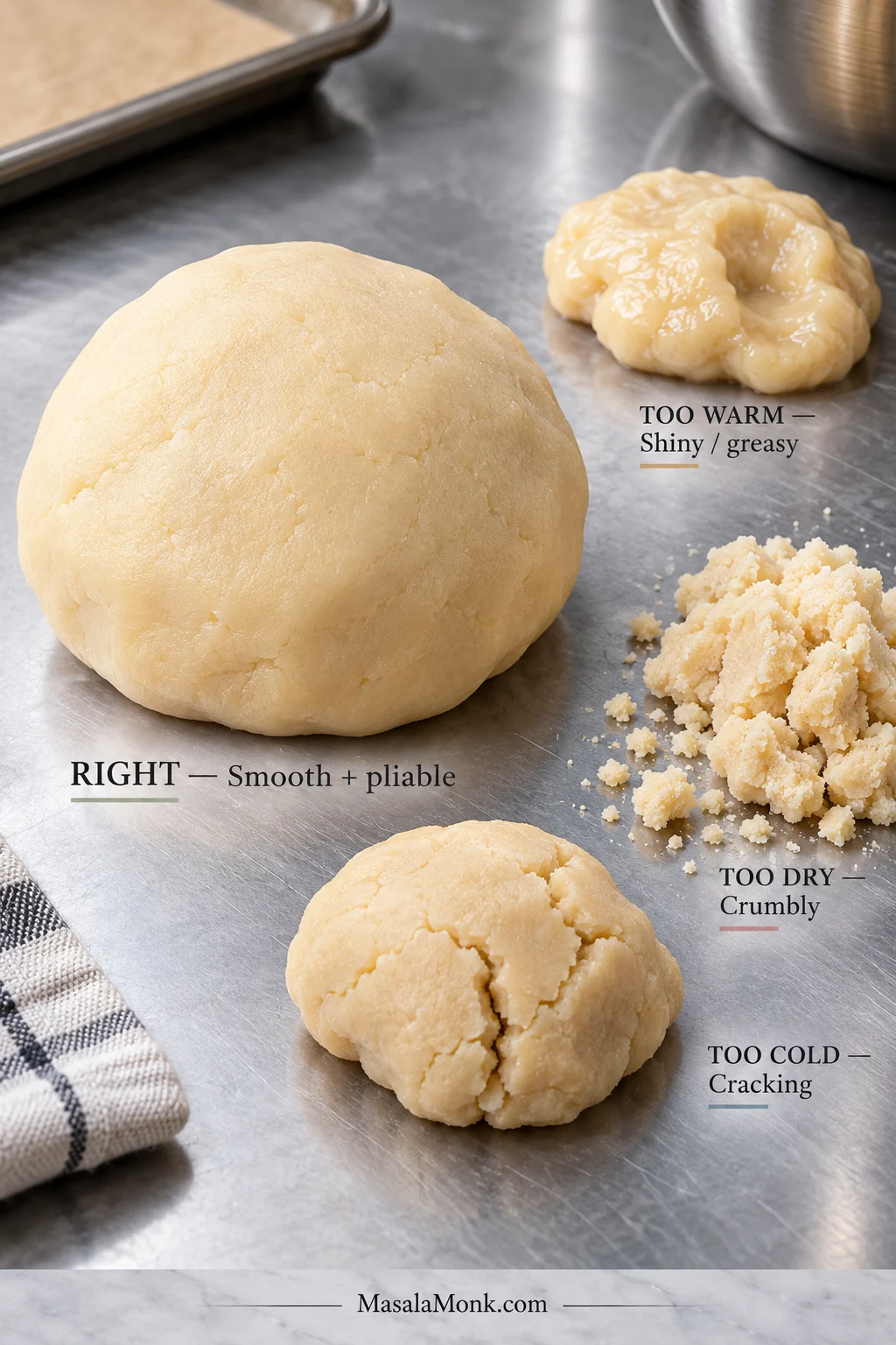 Four sugar cookie dough states labeled right, too warm, too dry and too cold, showing smooth, shiny, crumbly and cracked textures.
