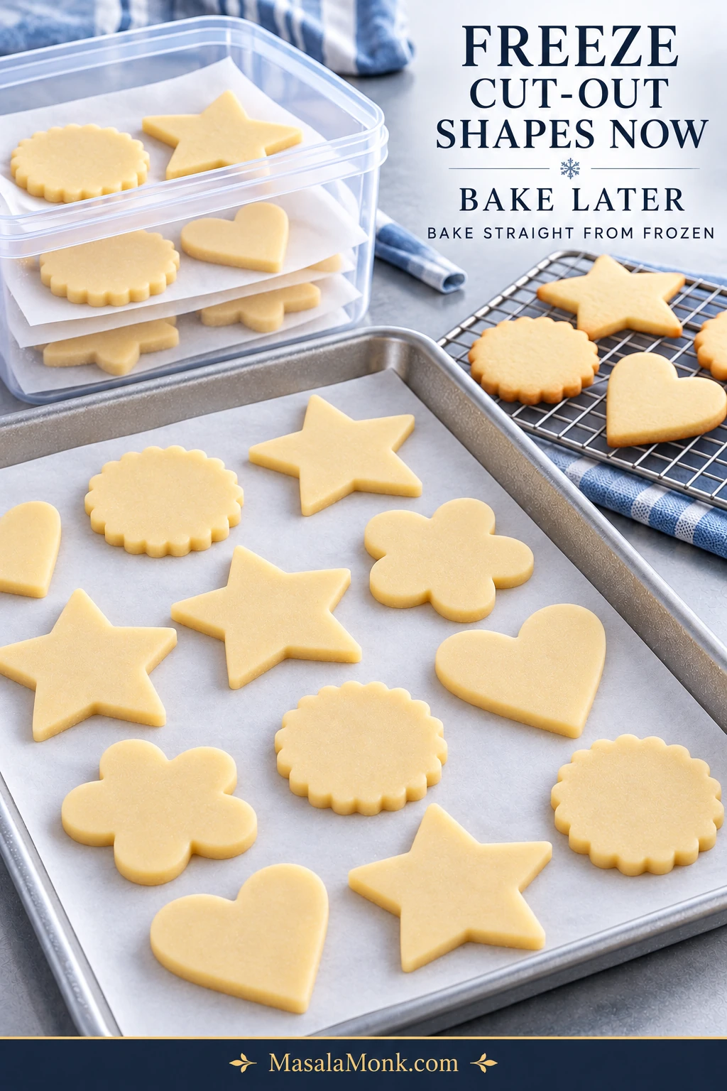 Raw star, heart, flower and scalloped sugar cookie shapes on a parchment-lined tray, with more frozen shapes layered in a clear container and baked cookies cooling nearby.