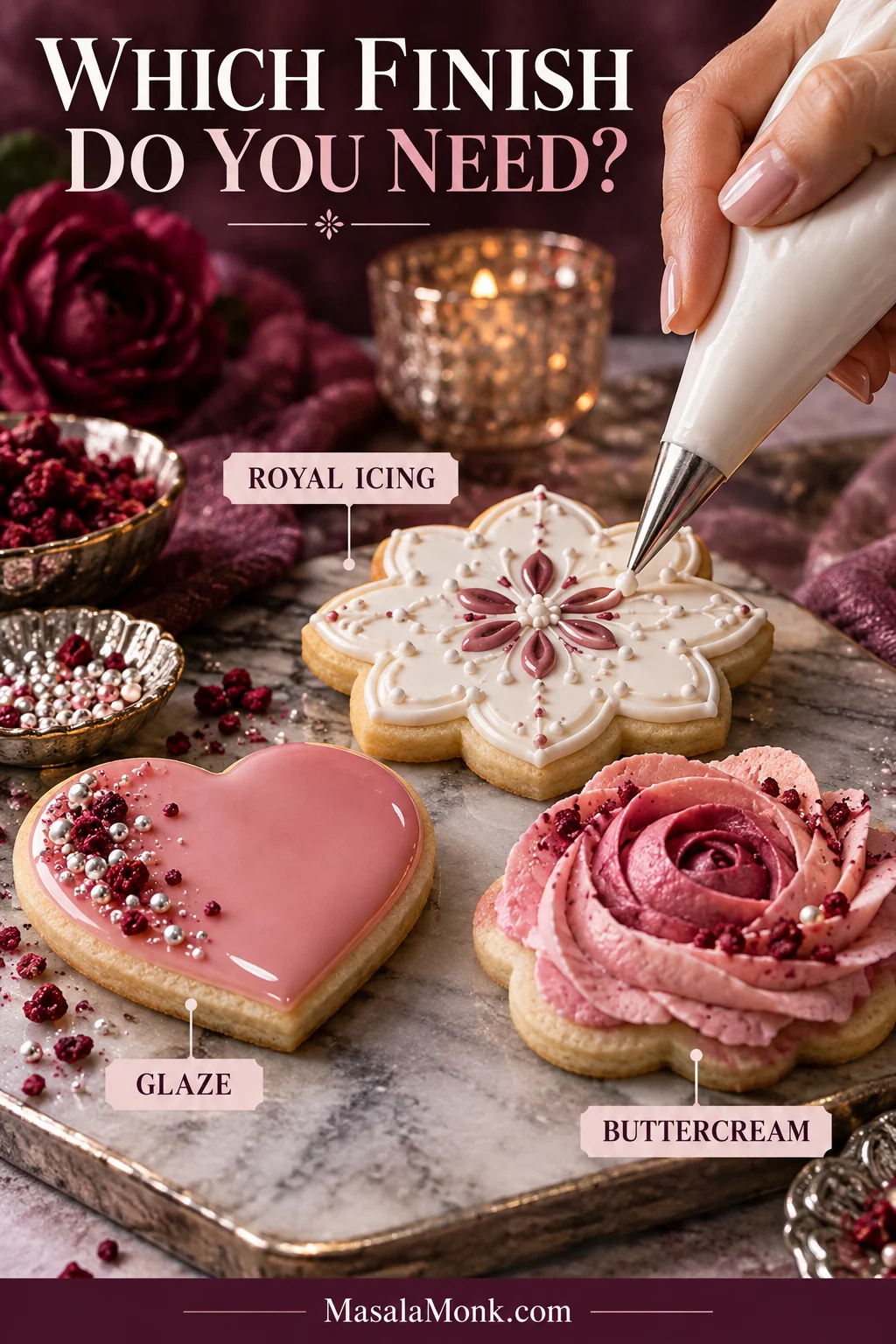 Three sugar cookies showing detailed royal icing, glossy pink glaze and thick piped pink buttercream, with a hand piping the royal icing cookie.