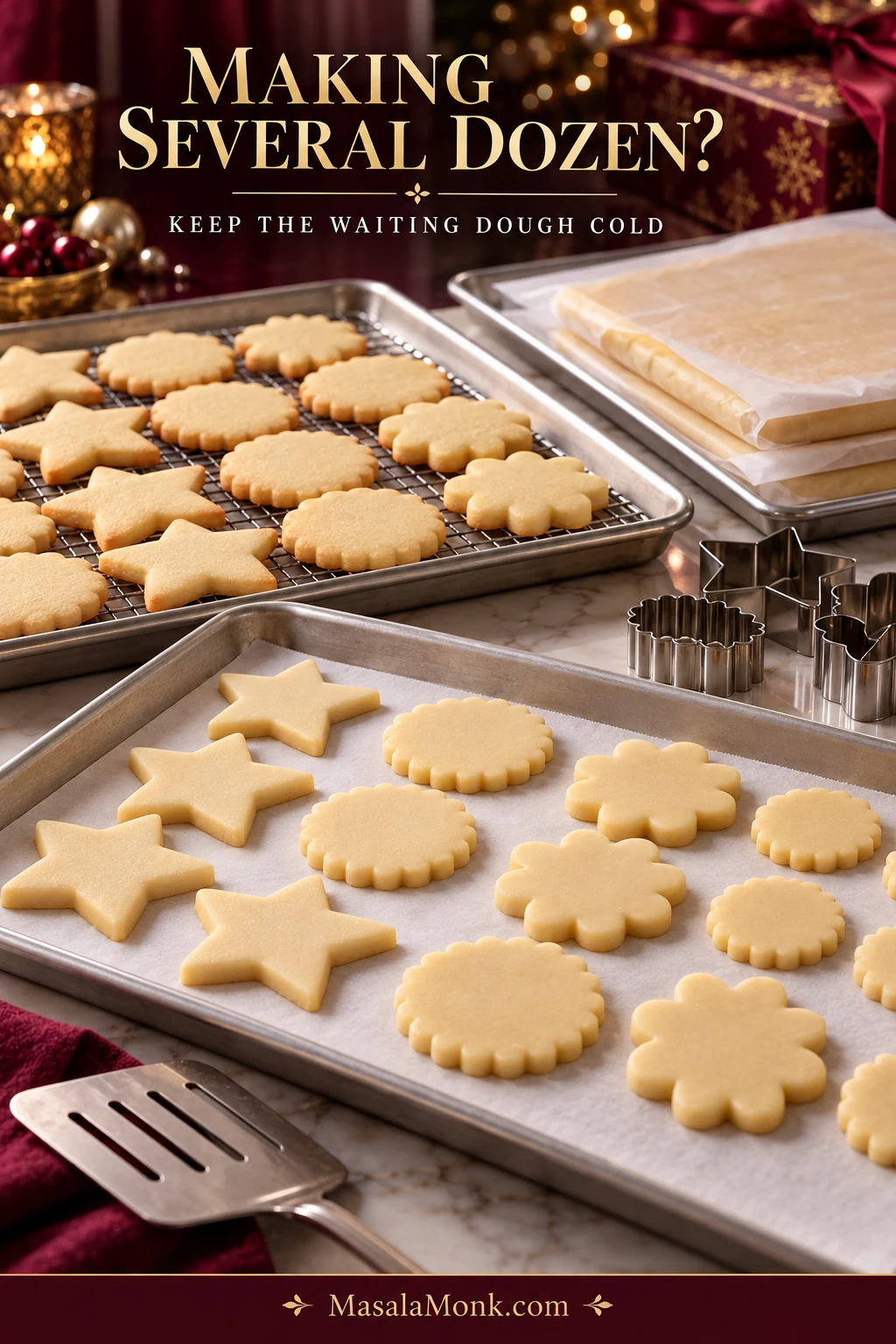 Large sugar cookie baking workflow with raw cut-outs on one tray, pale baked cookies cooling on another and rolled dough sheets waiting between parchment.