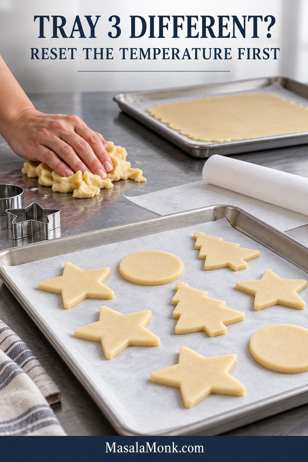Raw sugar cookie cut-outs on a cool baking sheet while a hand gently presses dough scraps together, with rolled dough and parchment nearby.