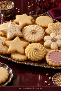 Assorted plain and decorated sugar cookies in star, flower and scalloped shapes arranged on a silver tray over a deep burgundy surface.