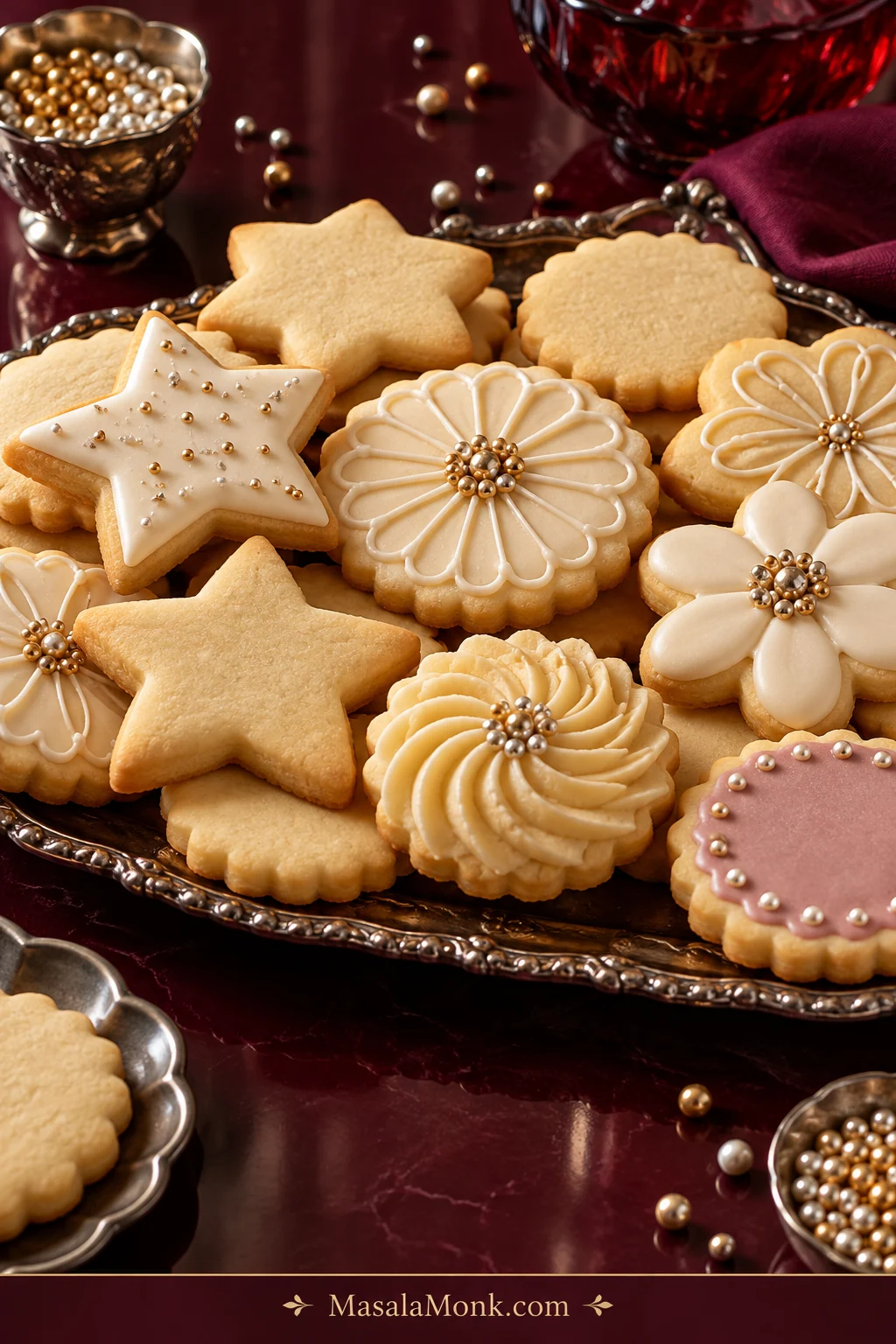 Assorted plain and decorated sugar cookies in star, flower and scalloped shapes arranged on a silver tray over a deep burgundy surface.
