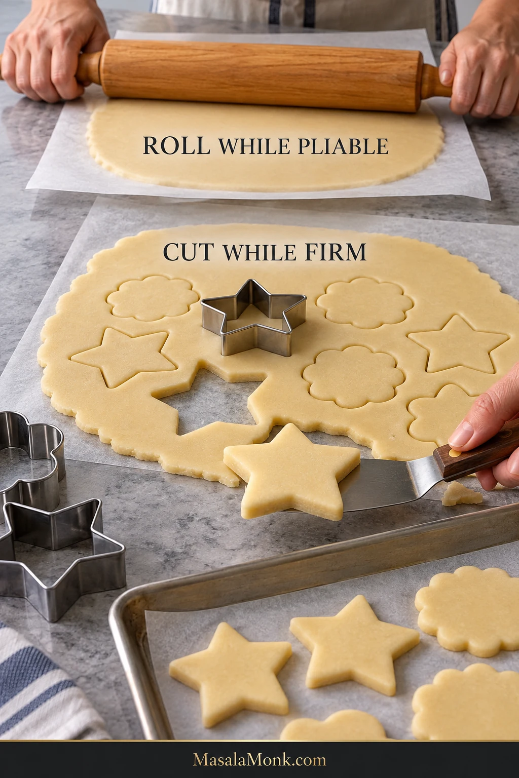 Sugar cookie dough being rolled between parchment, cut into star and scalloped shapes, and lifted with a thin metal spatula.