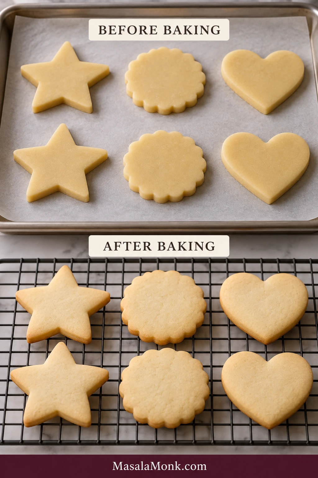 Raw star, heart and scalloped sugar cookie shapes above matching pale baked cookies, labeled before baking and after baking.