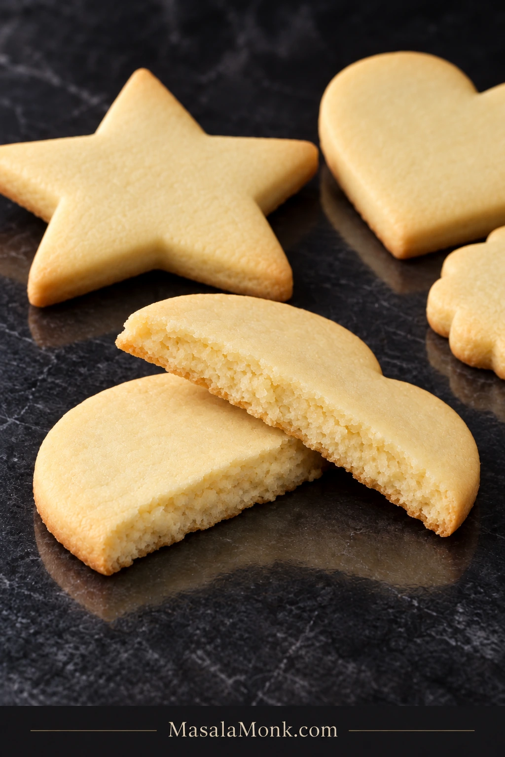 A broken plain sugar cookie showing a fine pale interior, with intact star, heart and scalloped cut-out cookies on a dark stone surface.