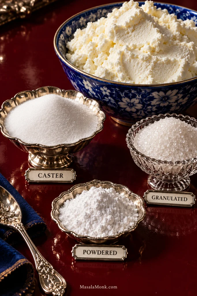 Caster sugar, regular granulated sugar and powdered sugar shown separately beside a bowl of ricotta cream, with their different textures visible.
