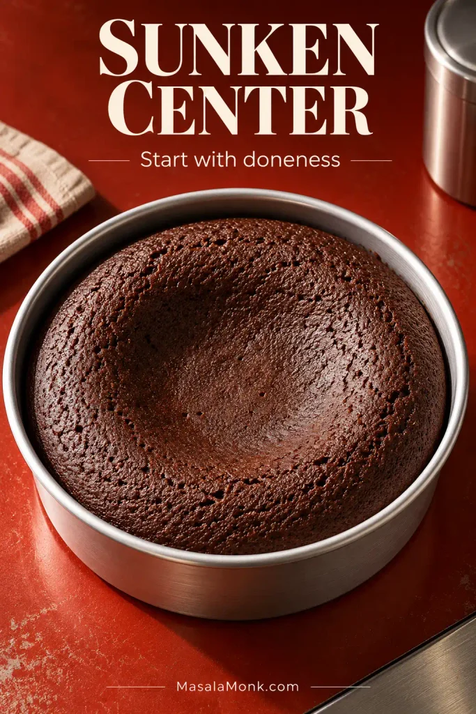 Bare chocolate cake in a round aluminum pan with a raised outer ring and a shallow depression in the center.