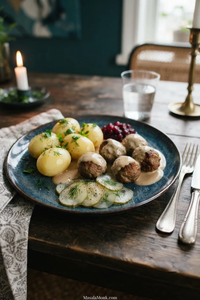 Creamy Swedish meatballs served with boiled potatoes, ruby-red lingonberry preserves, thin pickled cucumber slices and a small amount of dill.
