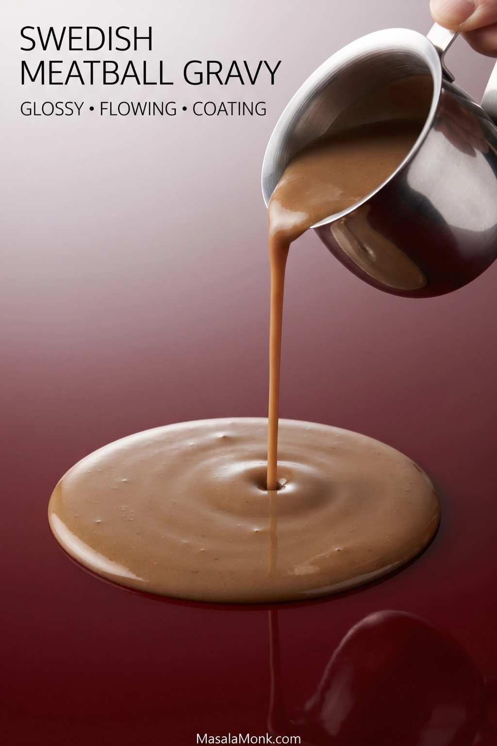 Warm brown Swedish meatball gravy pouring from a small metal pitcher into a smooth, glossy pool.