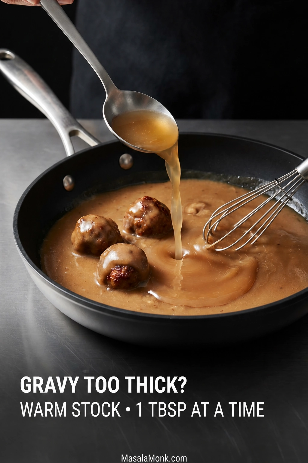 Warm beef stock being poured into thick brown gravy around Swedish meatballs while a whisk loosens the sauce.