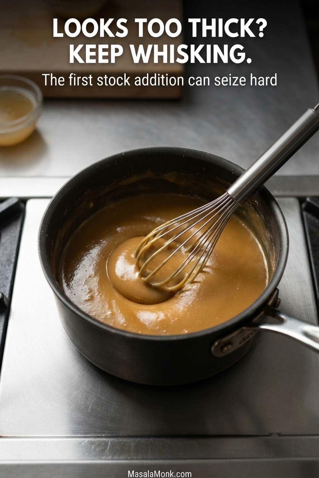 Whisk moving through a very thick, smooth roux after the first addition of beef stock.
