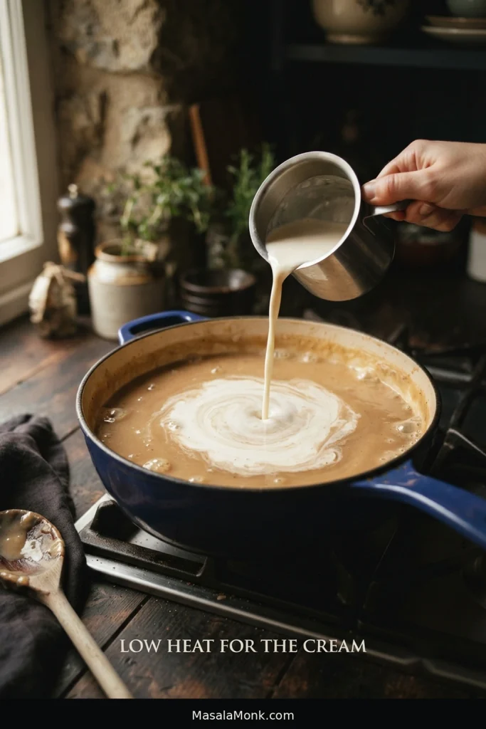 Heavy cream being poured into light-brown gravy in a saucepan, creating pale swirls through the sauce.