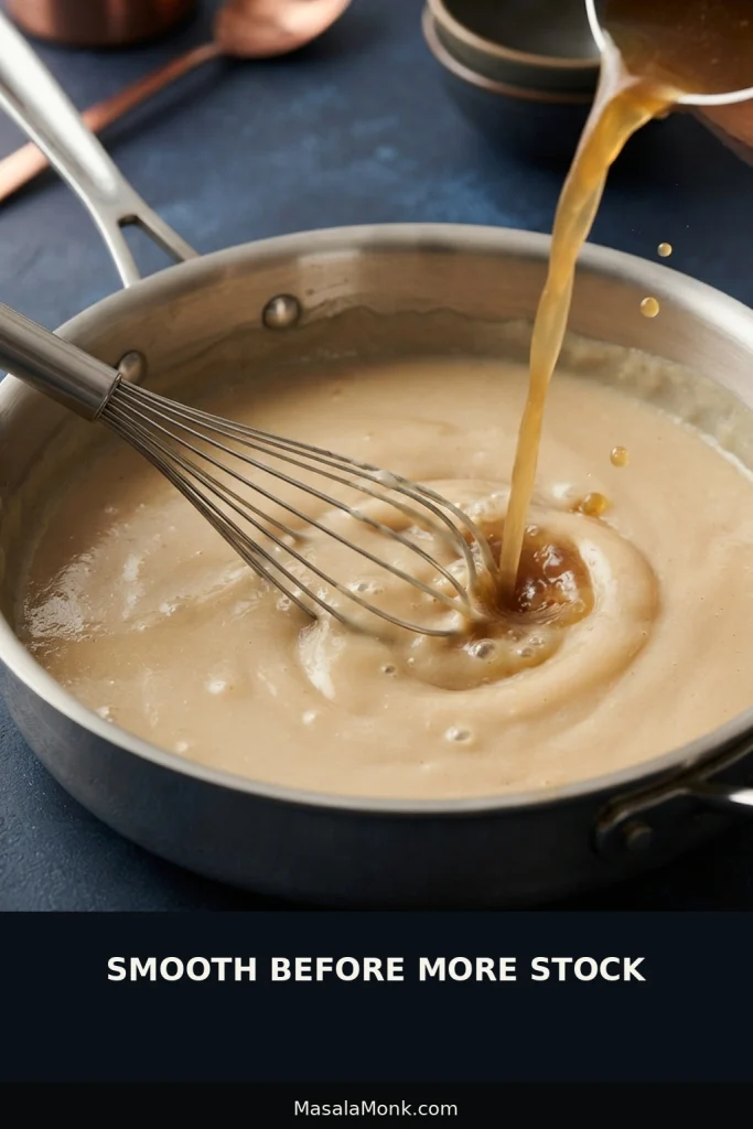 Beef stock being poured into a creamy roux in a saucepan while a whisk blends the mixture.