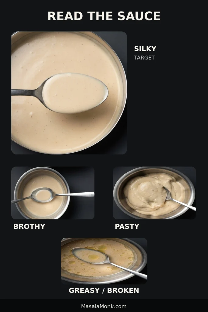 Four-part comparison of Swedish meatball gravy showing brothy, silky, pasty, and greasy or broken consistencies.