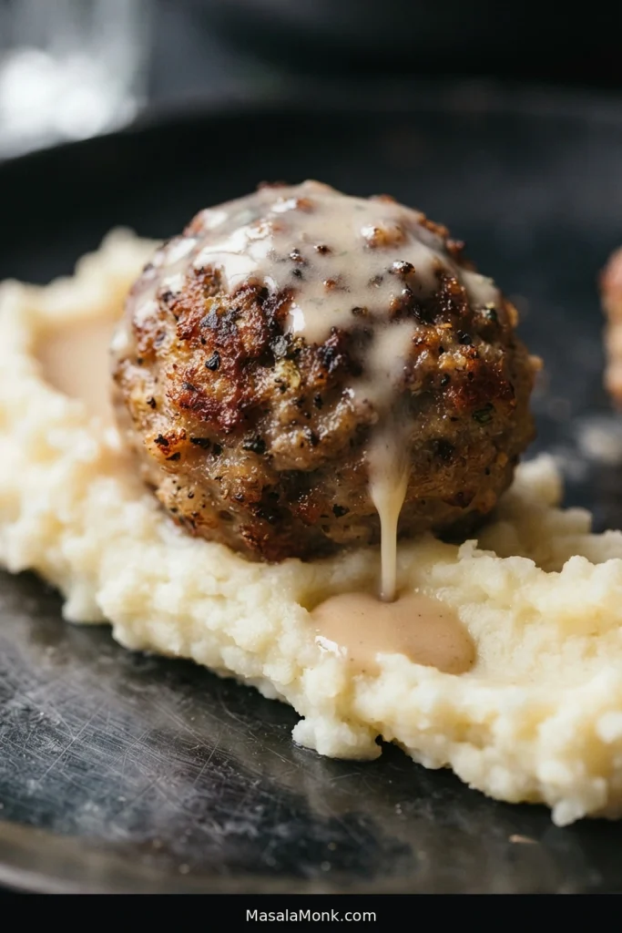 Close-up of a browned meatball above mashed potatoes as creamy gravy clings to it and drips downward.