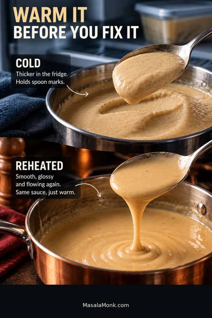 Comparison of thick cold Swedish meatball gravy holding on a spoon above and smoother reheated gravy flowing from a spoon below.