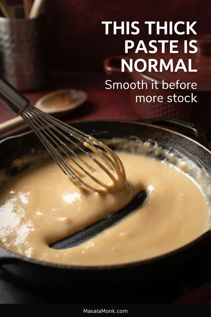 Thick beige roux-and-stock mixture in a skillet with a whisk leaving a clear track through the paste-like sauce.