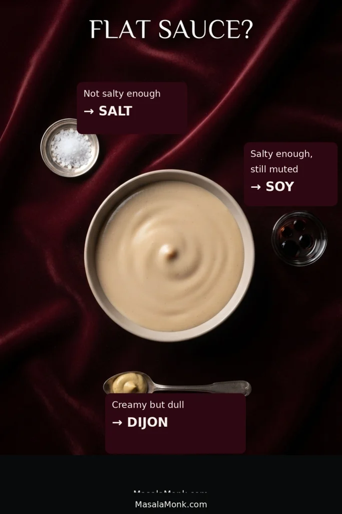 Bowl of creamy gravy surrounded by salt, soy sauce and Dijon mustard as three seasoning adjustments.