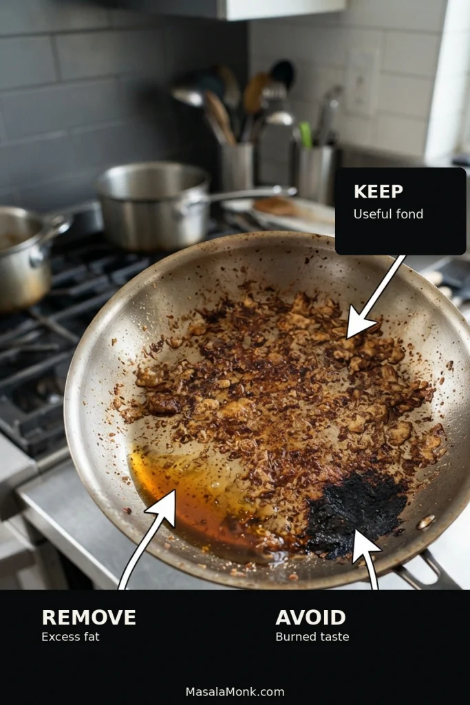 Used meatball skillet showing three distinct areas: browned fond, a pool of rendered fat and a dark burnt patch.