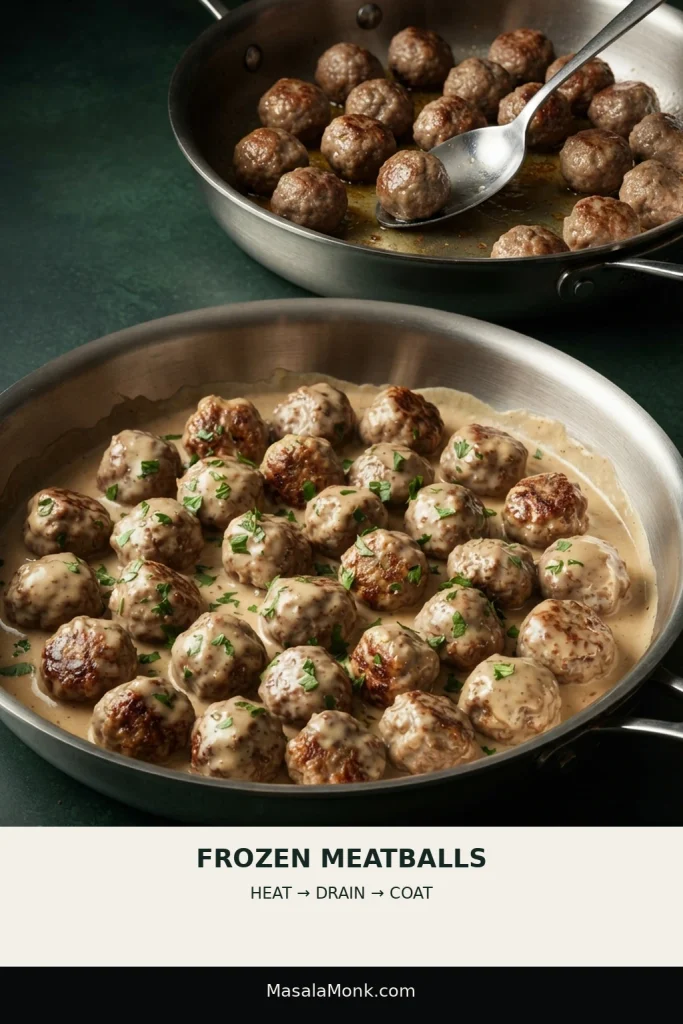 Two-step view showing frozen meatballs being heated in one pan and cooked meatballs coated in creamy gravy in another.