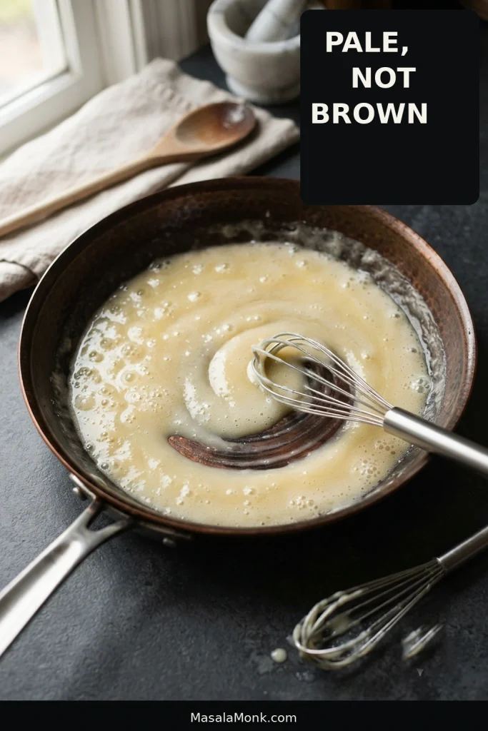 Pale butter-and-flour roux bubbling gently in a dark skillet while a whisk moves through it.