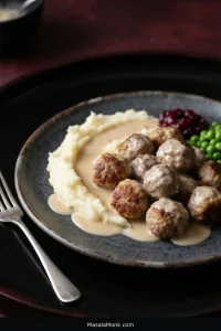 Swedish meatballs coated in creamy beige gravy over mashed potatoes, with green peas and lingonberry jam alongside.