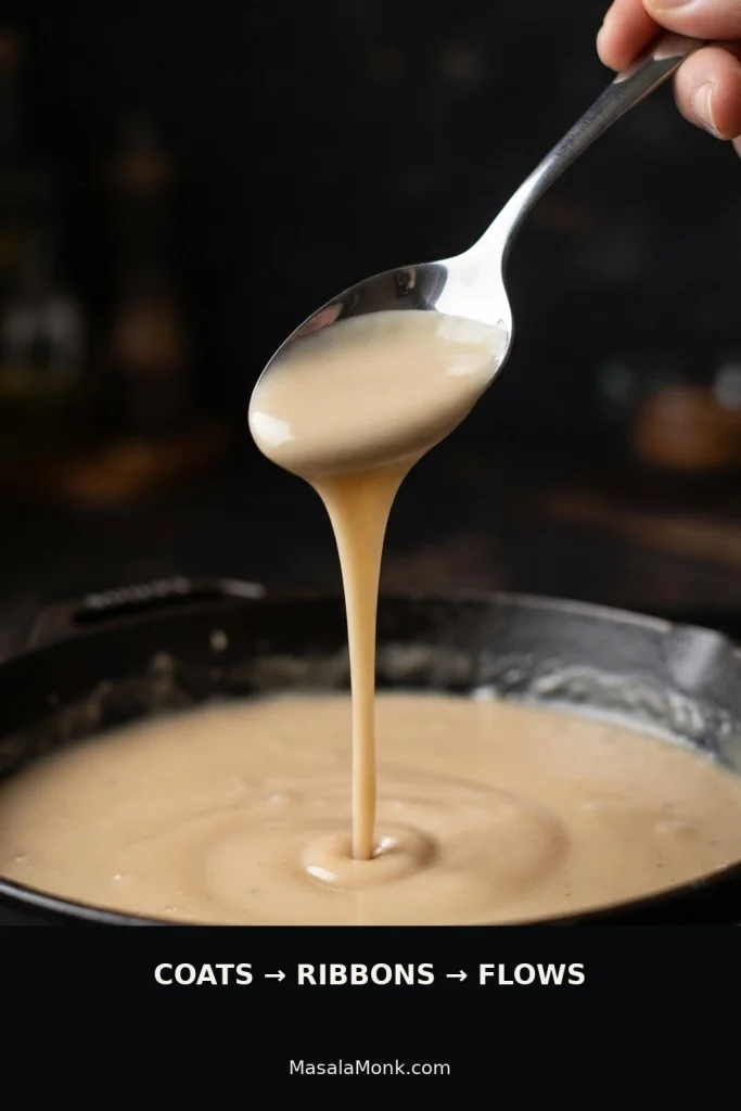 Creamy gravy falling in a smooth ribbon from a spoon held above a saucepan of sauce.
