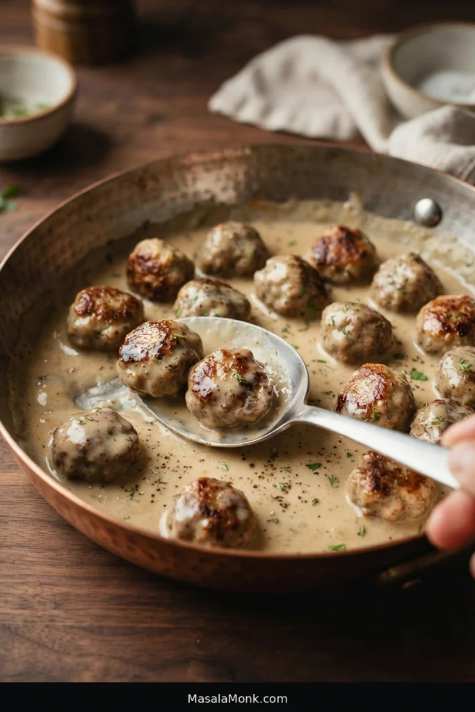 Browned Swedish meatballs lightly coated in creamy gravy in a skillet, with several lifted on a serving spoon.