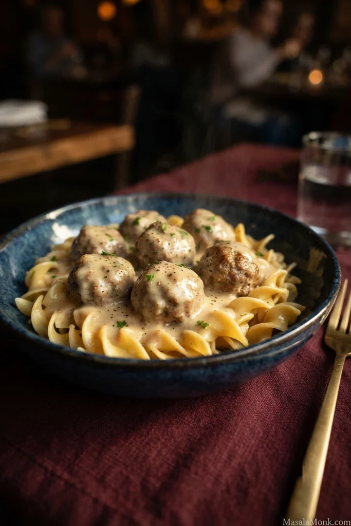 Swedish meatballs in creamy gravy served over wide yellow egg noodles in a dark blue bowl, finished with a small amount of green herbs.