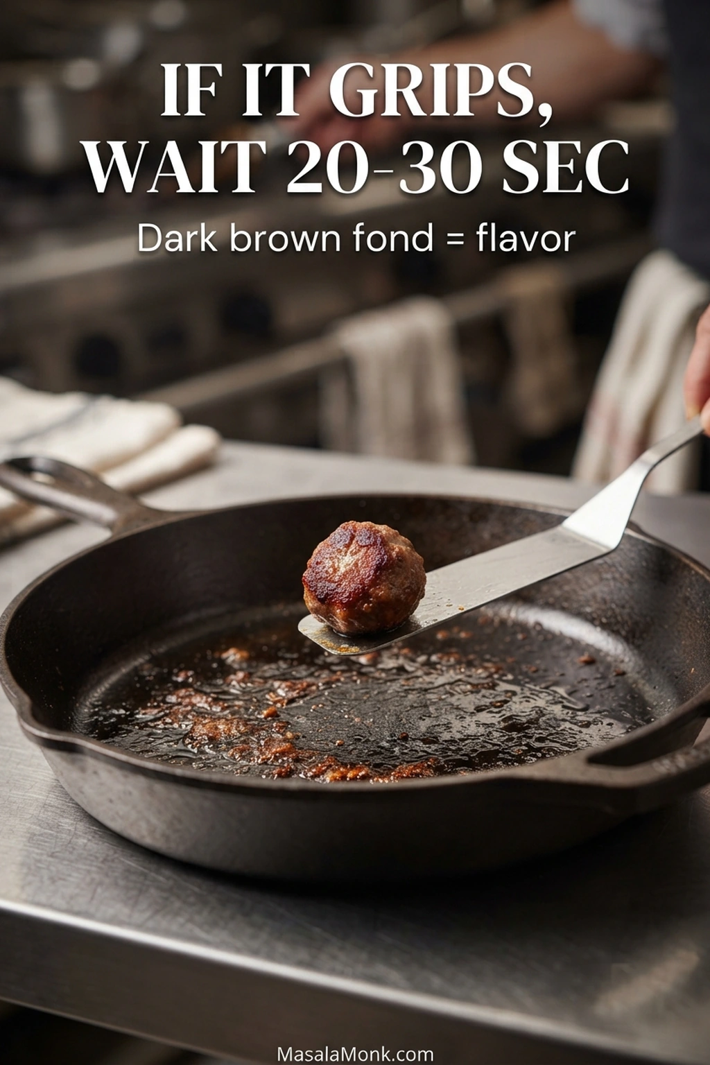 Small browned Swedish meatball being lifted from a skillet, revealing a mahogany underside and dark-brown fond on the pan.