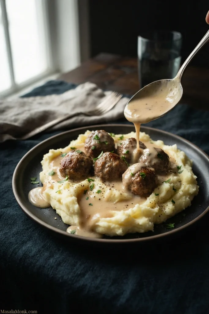 Creamy Swedish meatballs served with fluffy mashed potatoes as pale brown gravy flows into the soft folds and hollow in the potatoes.