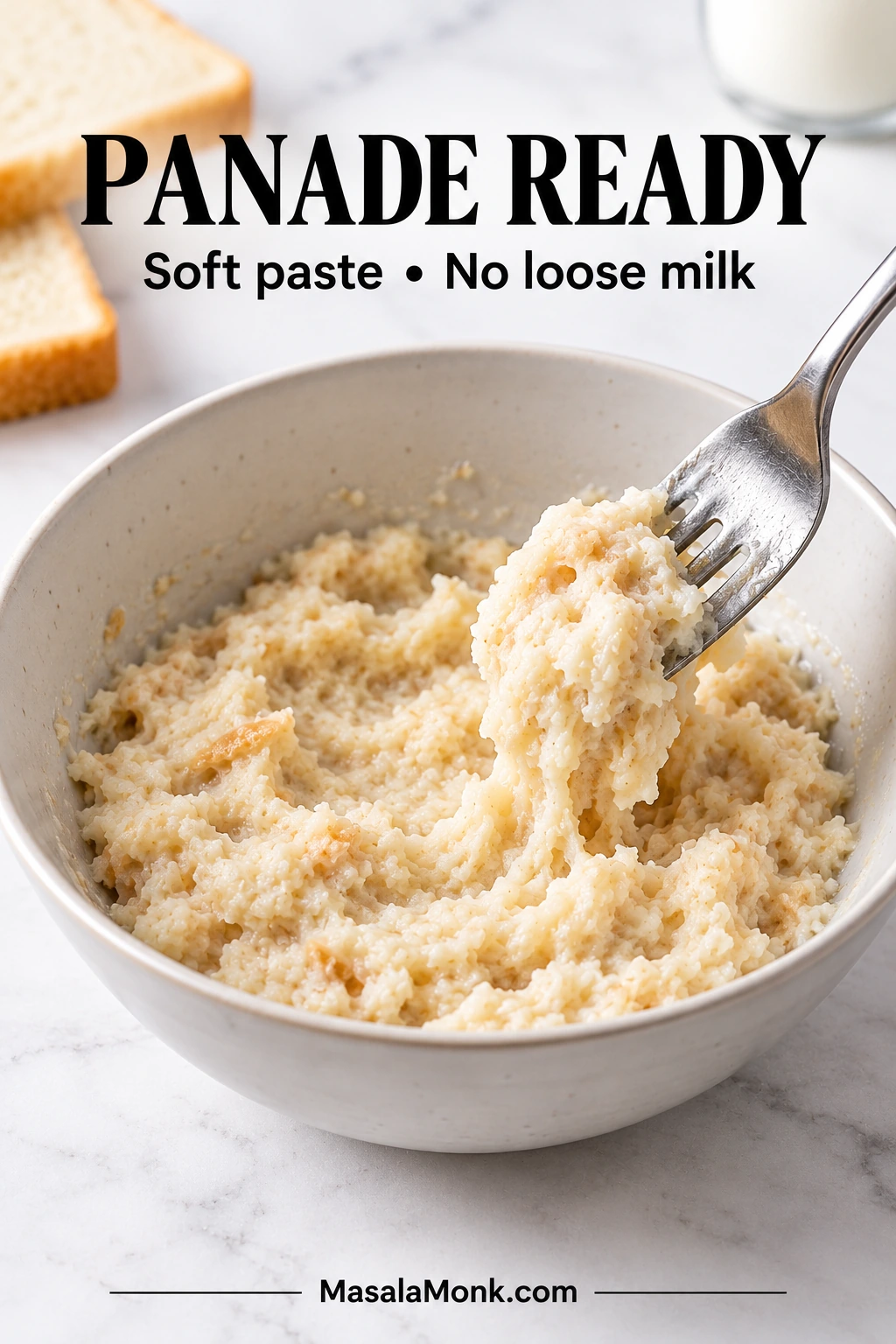 Moist bread-and-milk panade in a ceramic bowl with a fork, showing softened hydrated bread with no visible pool of milk.