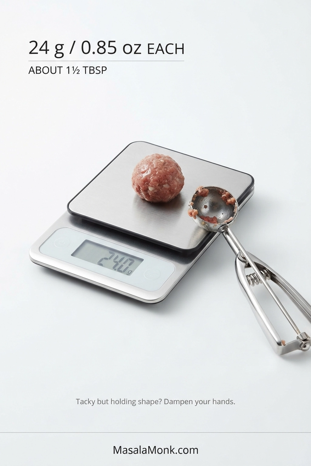 Raw 24-gram Swedish meatball portion on a digital kitchen scale beside a metal scoop.