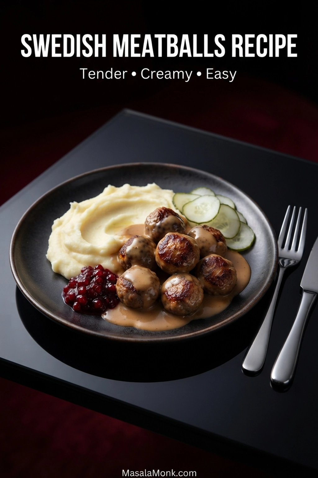 Small Swedish meatballs with creamy brown gravy and mashed potatoes, served with ruby lingonberry preserves and thin pickled cucumber slices on a dark plate.